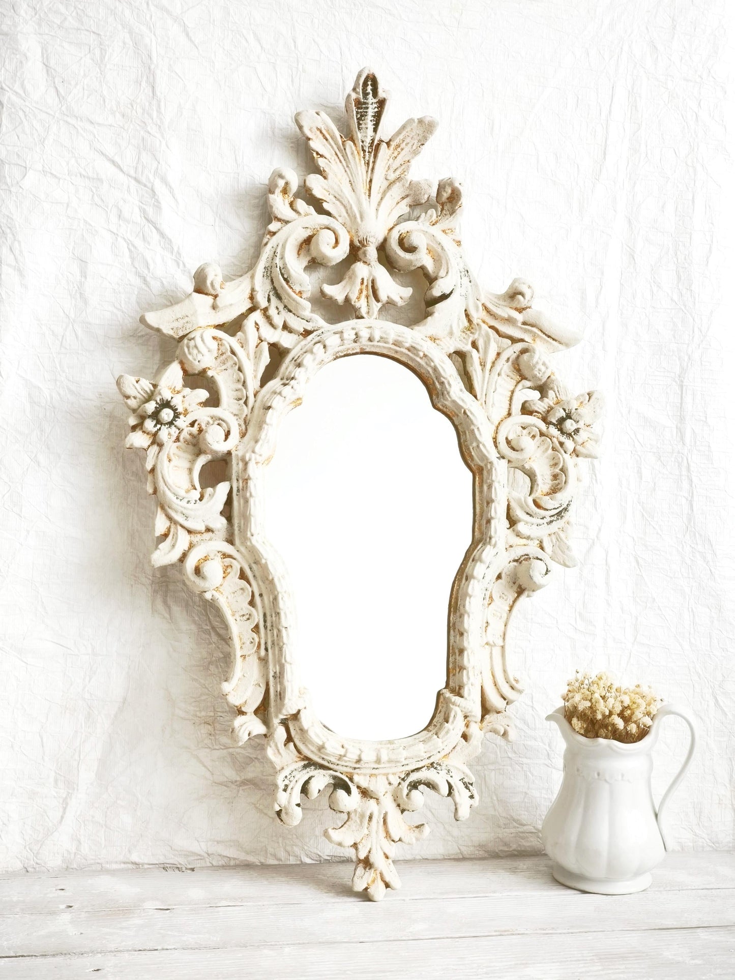 Large Carved Wood Wall Mirror, Framed Ornate Rocaille Distressed White Oval Vanity Boudoir Mirror, Statement Wall Decor