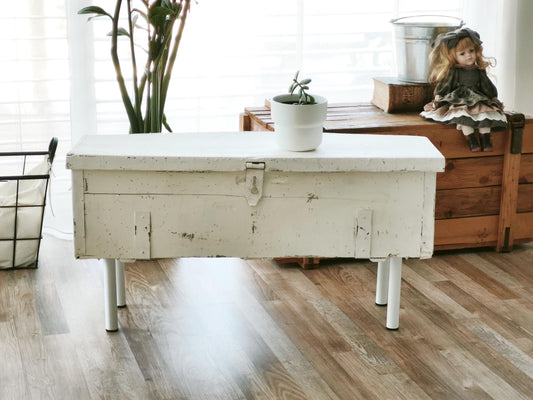 Antique White Wood Storage Bench: Shabby Chic Farmhouse Trunk, Industrial Legs