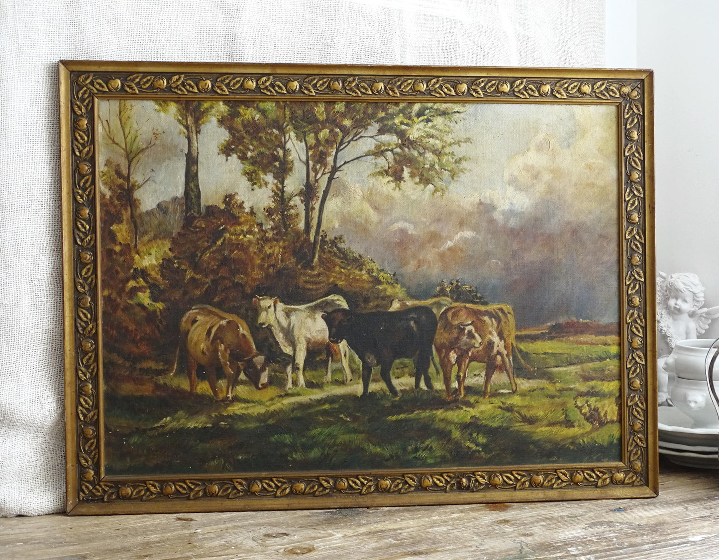 Cows Antique Oil Painting in Gold Gesso Ornate Frame, Large Landscape Countryside Original Art Oil Painting, Rustic Wall Art Decor