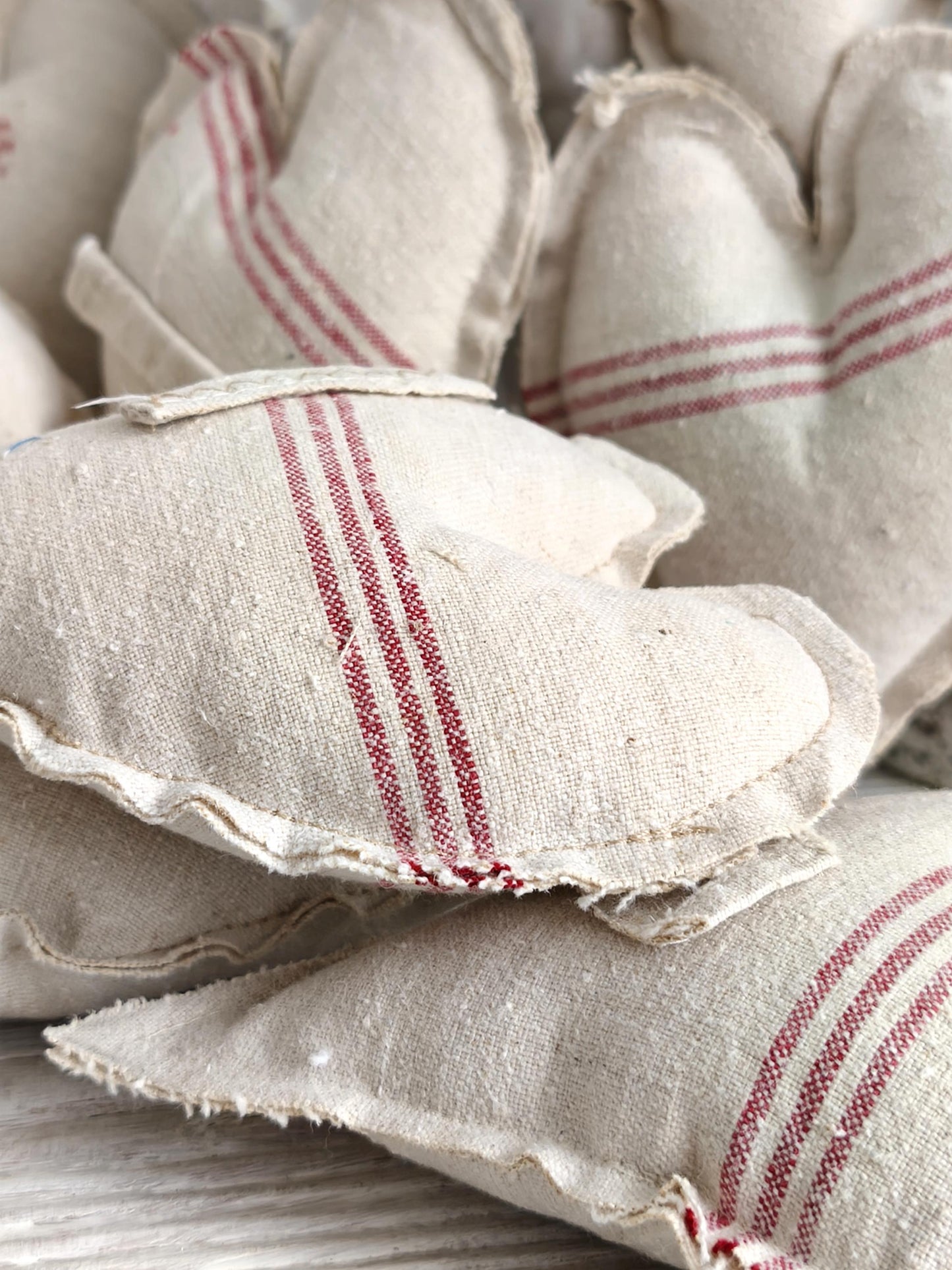 Large Antique Linen Heart Red Stripe, Primitive Farmhouse Cloth Bowl Filler, Wall Hanging Grain Sack Fabric Stuffed Valentine Heart Ornament