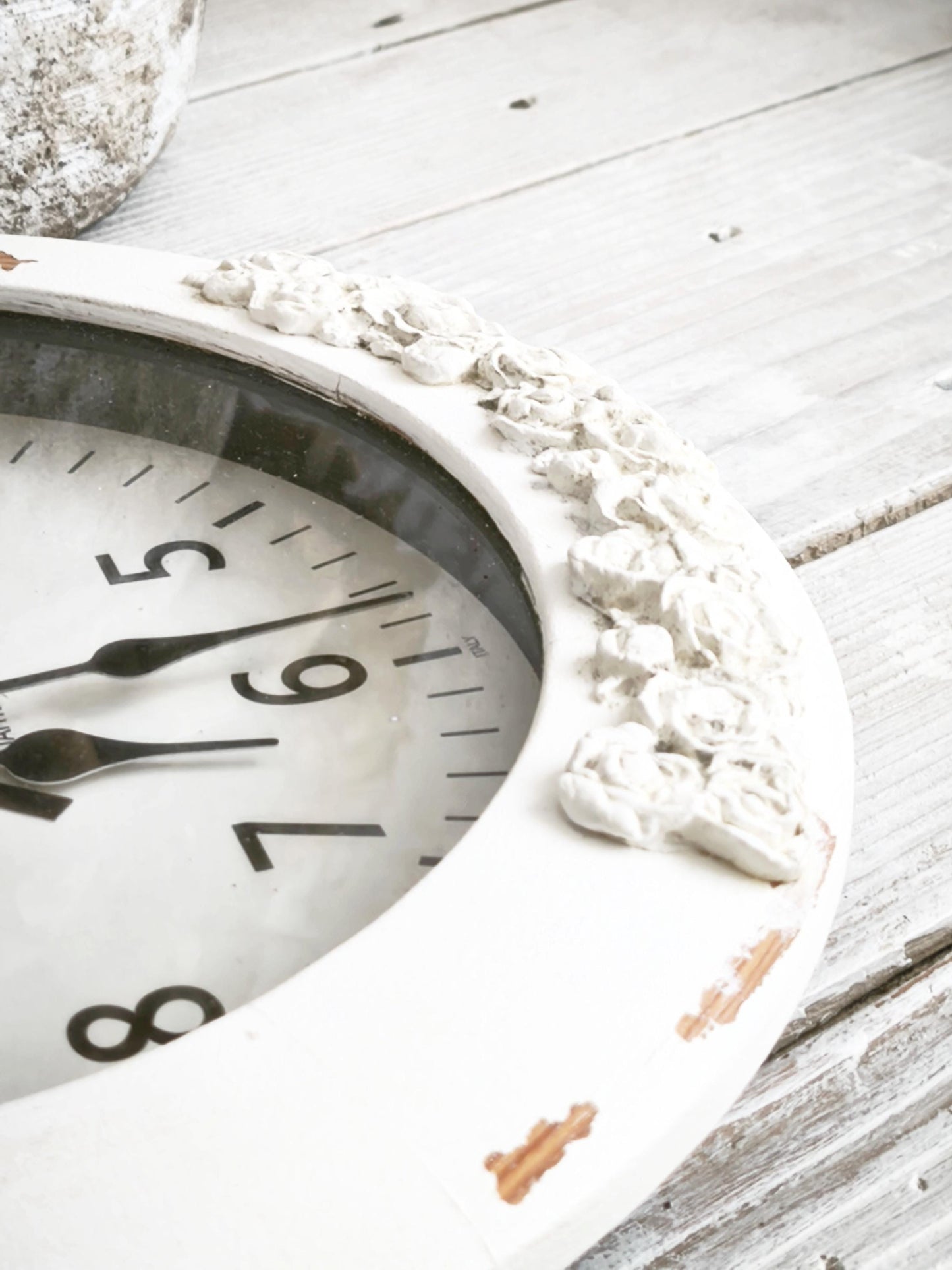 White Wood Wall Clock with Clay Flowers, Shabby Chic Ornate Floral Home Decor