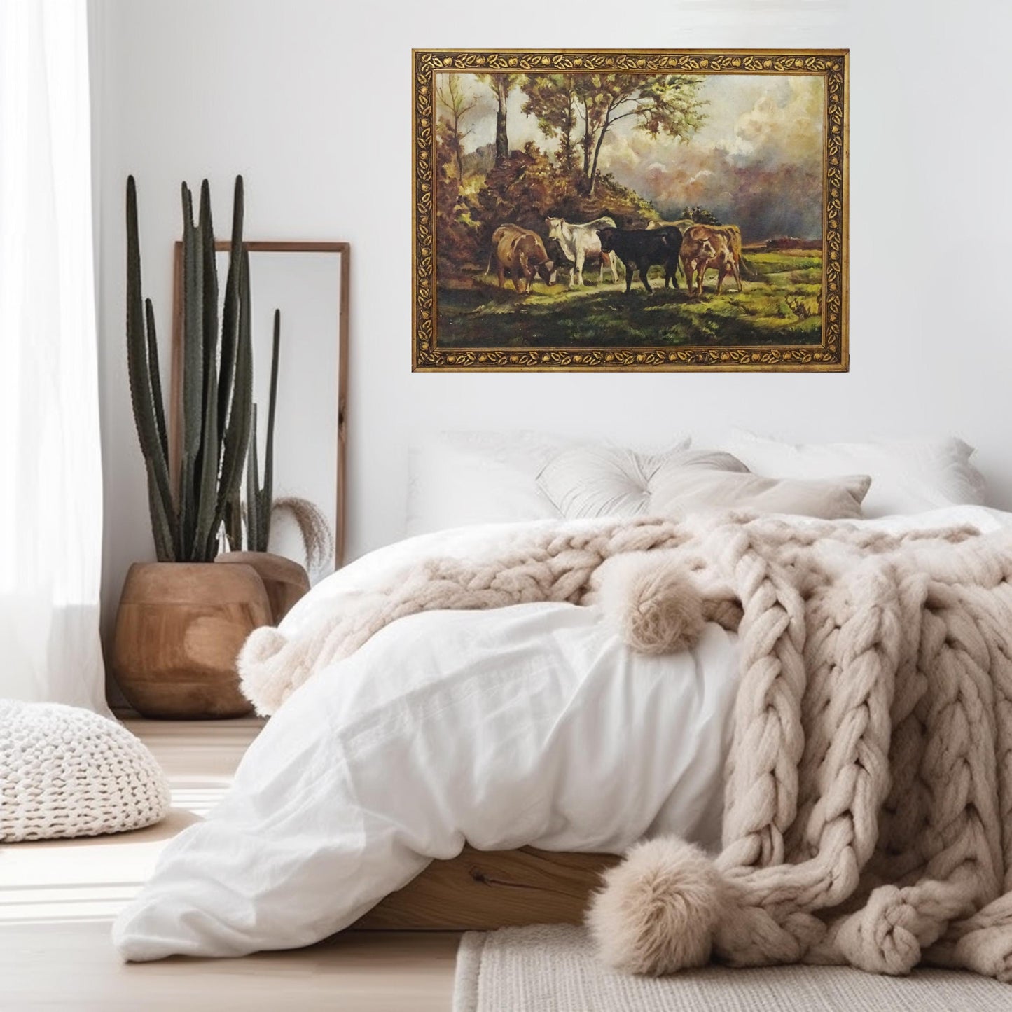 Cows Antique Oil Painting in Gold Gesso Ornate Frame, Large Landscape Countryside Original Art Oil Painting, Rustic Wall Art Decor