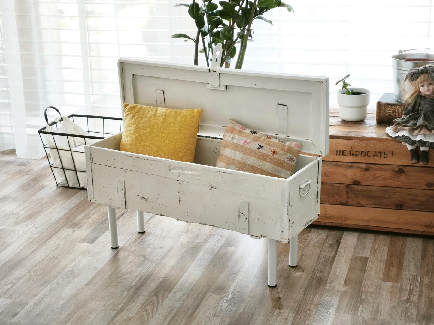 Antique White Wood Storage Bench: Shabby Chic Farmhouse Trunk, Industrial Legs