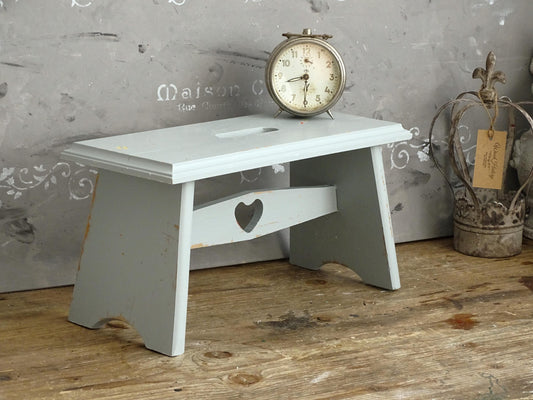 Blue Wood Step Stool Carved Heart, Rustic Farmhouse Plant Stand Bench