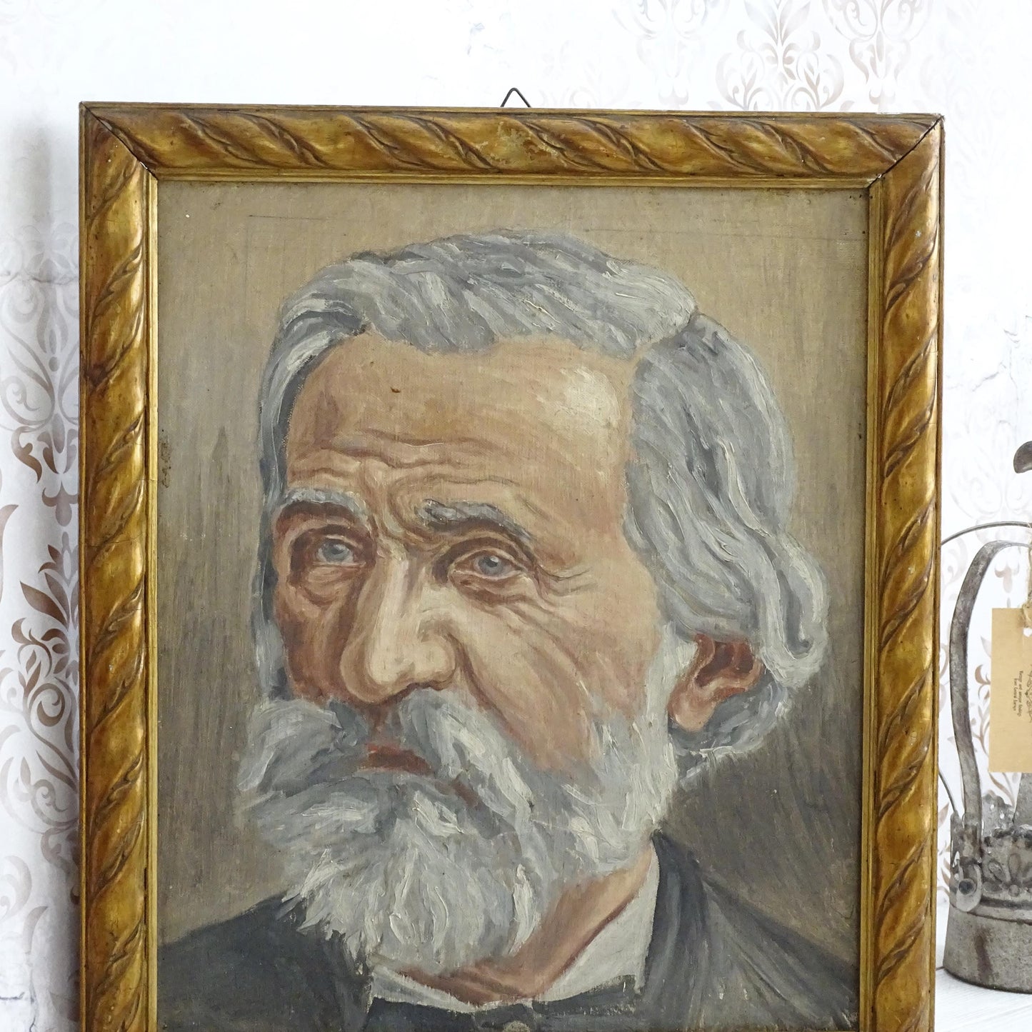 Giuseppe Verdi Antique Oil Painting, Framed Bearded Gentleman Male Portrait, Ornate Wood Frame, Italian Composer Signed Original Artwork
