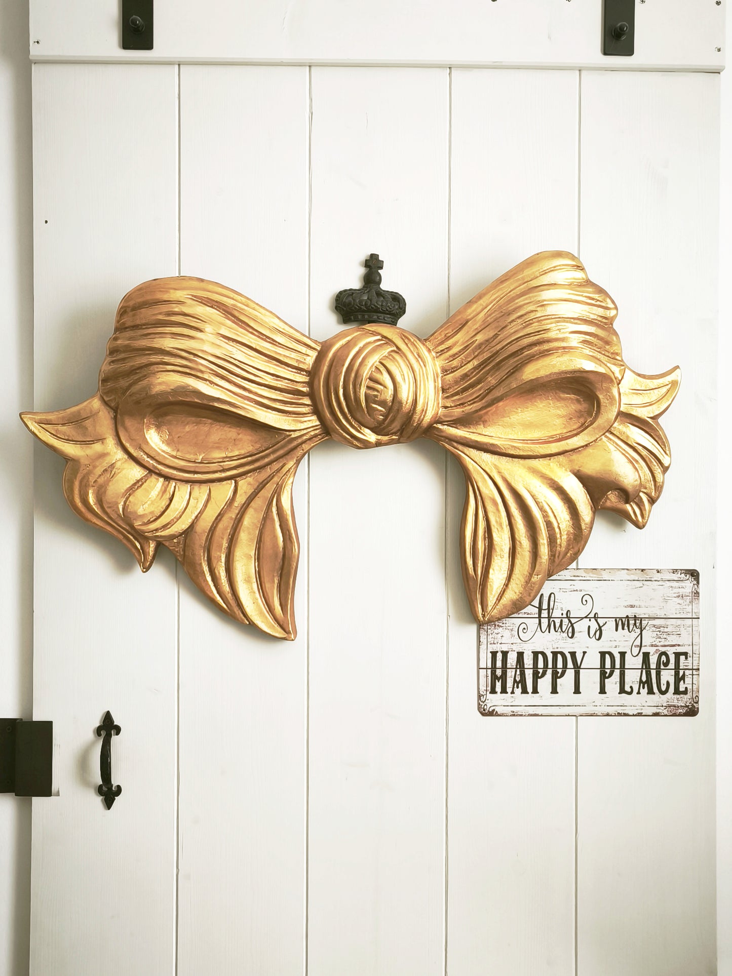 33.9" Hand Carved Gold Wood Bow Plaque, Extra Large Wall Pediment, Panel, Florentine Wall Decor