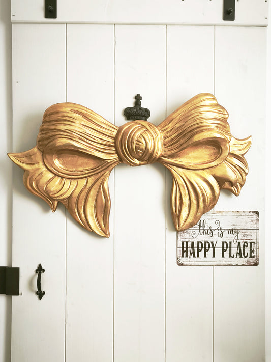 33.9" Hand Carved Gold Wood Bow Plaque, Extra Large Wall Pediment, Panel, Florentine Wall Decor