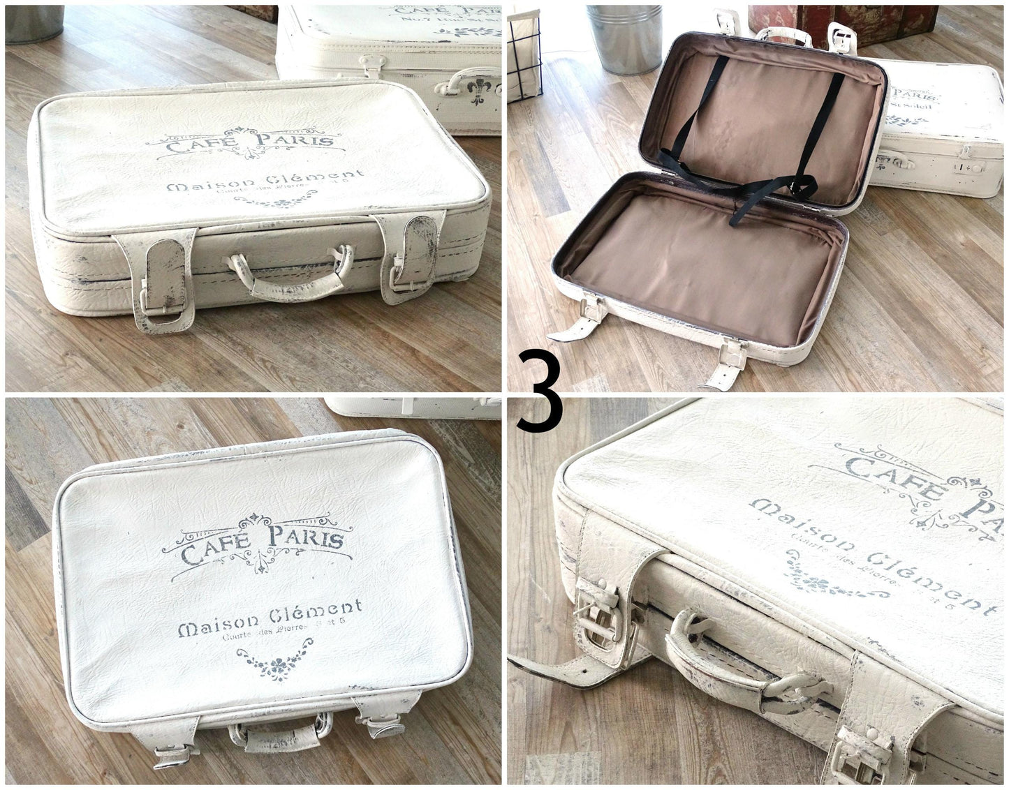 White or Gray Suitcase, Shabby Chic Painted French Stackable Travel Luggage Leather Suitcase, Wedding Cards Storage Organizer