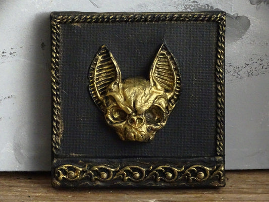 Black Gold Bat Skull Wall Plaque: Framed Faux Taxidermy Wall Sculpture