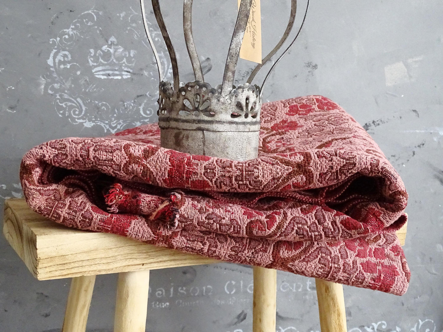 Maroon Pink Jacquard Floral Tapestry, Woven Cotton Summer Blanket, French Country Textile Wall Hanging
