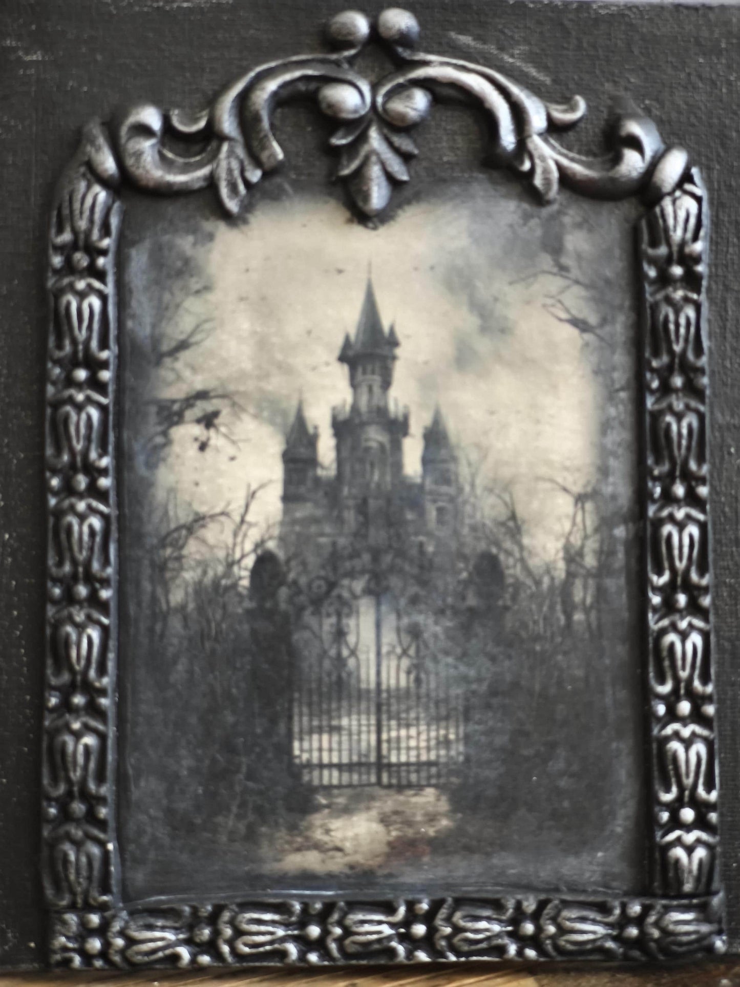 Moonlit Haunted Castle, Gothic Original Artwork on Wood, Hand Painted, Hand Lettered