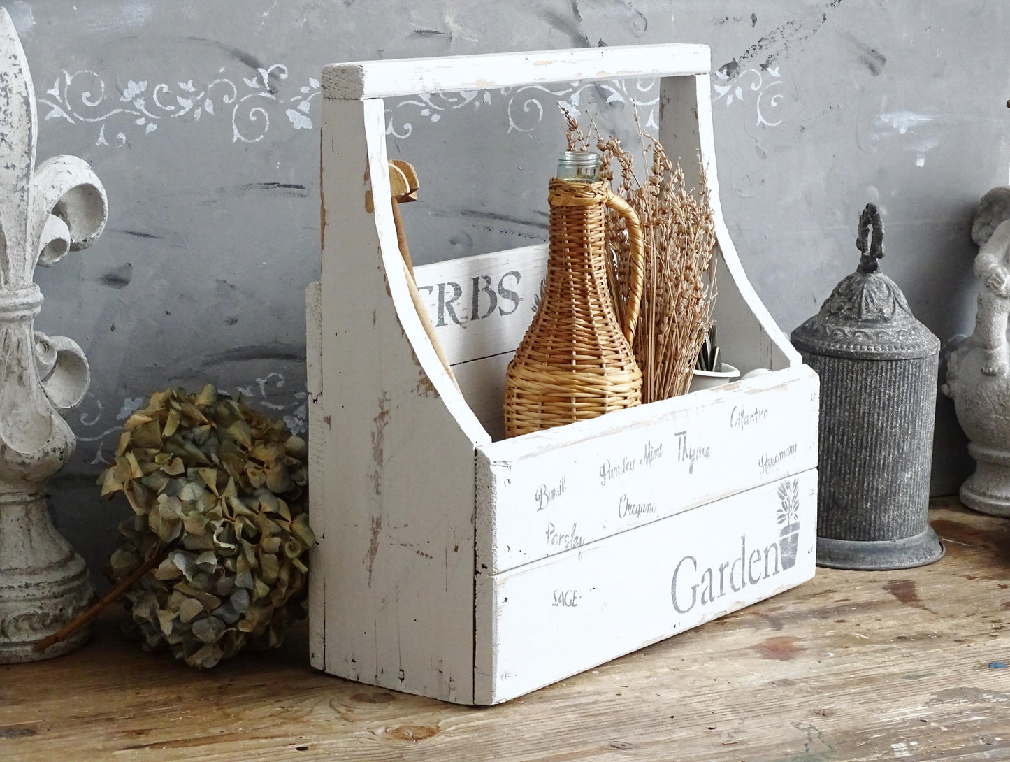 White Wood Toolbox with Handle, Caddy, Carpenter Tool Box, Garden Tote, Farmhouse Tool Carrier, Compartment Storage Box, Wood Trug Basket