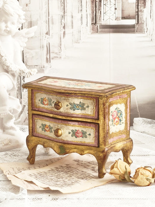 Giltwood Florentine Jewelry Chest of 2 Drawers and Handpainted Flowers, Italian Jewelry Storage Box, Shabby Chic Vanity Jewelry Cabinet