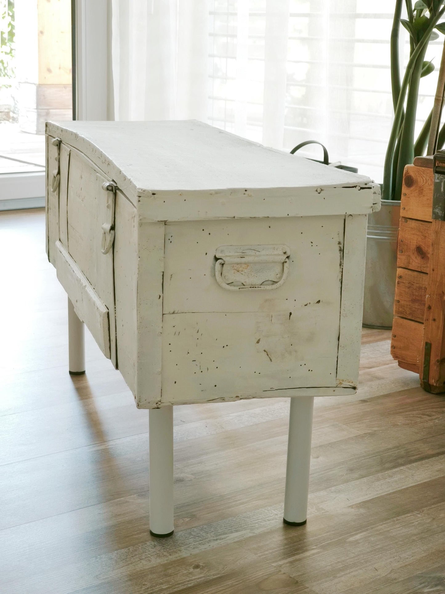 Antique White Wood Storage Bench: Shabby Chic Farmhouse Trunk, Industrial Legs