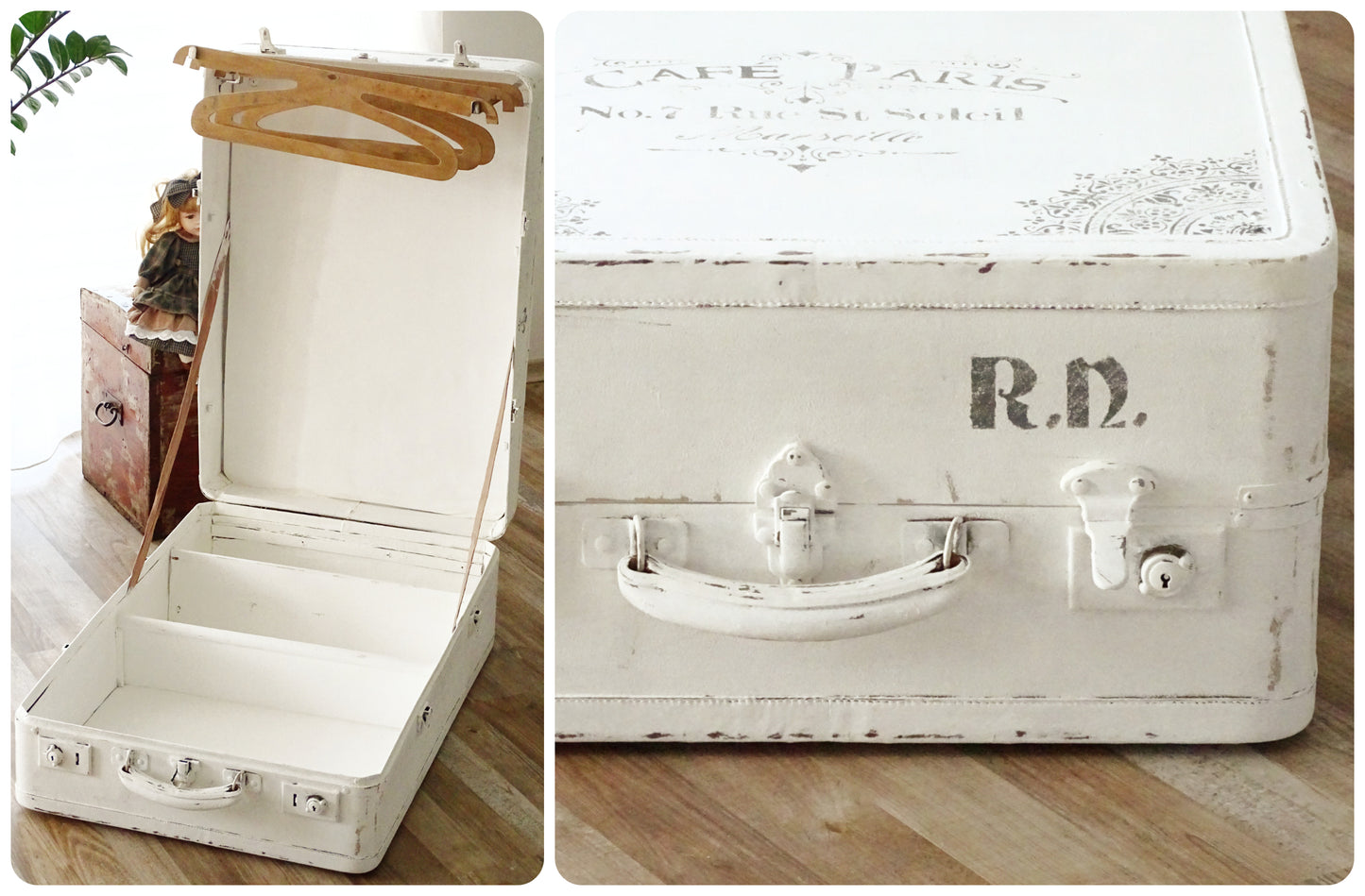Antique White Wardrobe Travel Trunk, Large Suitcase