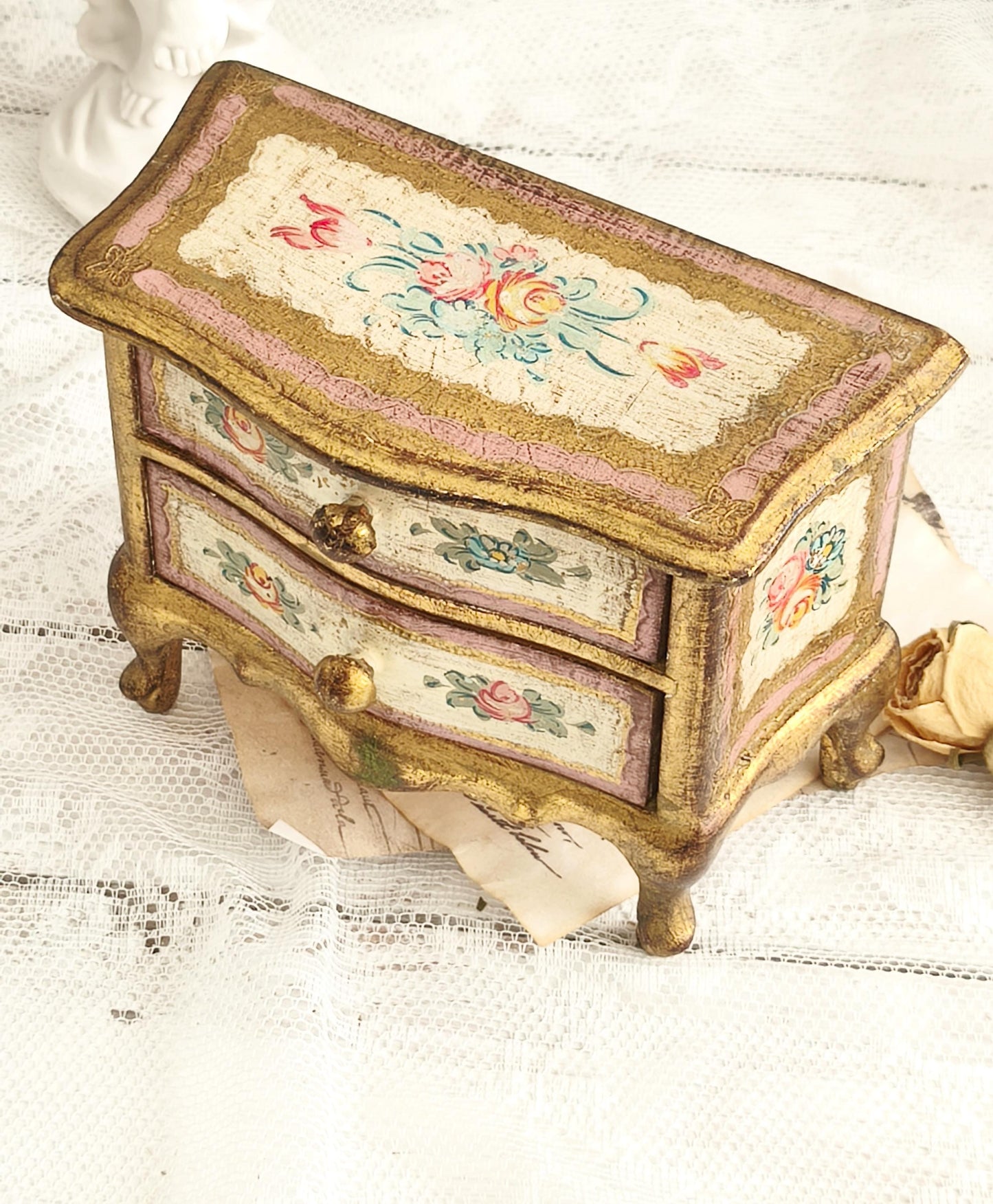 Giltwood Florentine Jewelry Chest of 2 Drawers and Handpainted Flowers, Italian Jewelry Storage Box, Shabby Chic Vanity Jewelry Cabinet