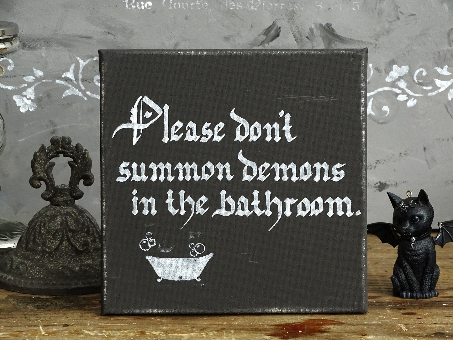 Gothic Bathroom Canvas Sign, Funny Demon Art, Hand-Lettered