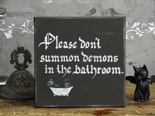 Gothic Bathroom Canvas Sign, Funny Demon Art, Hand-Lettered