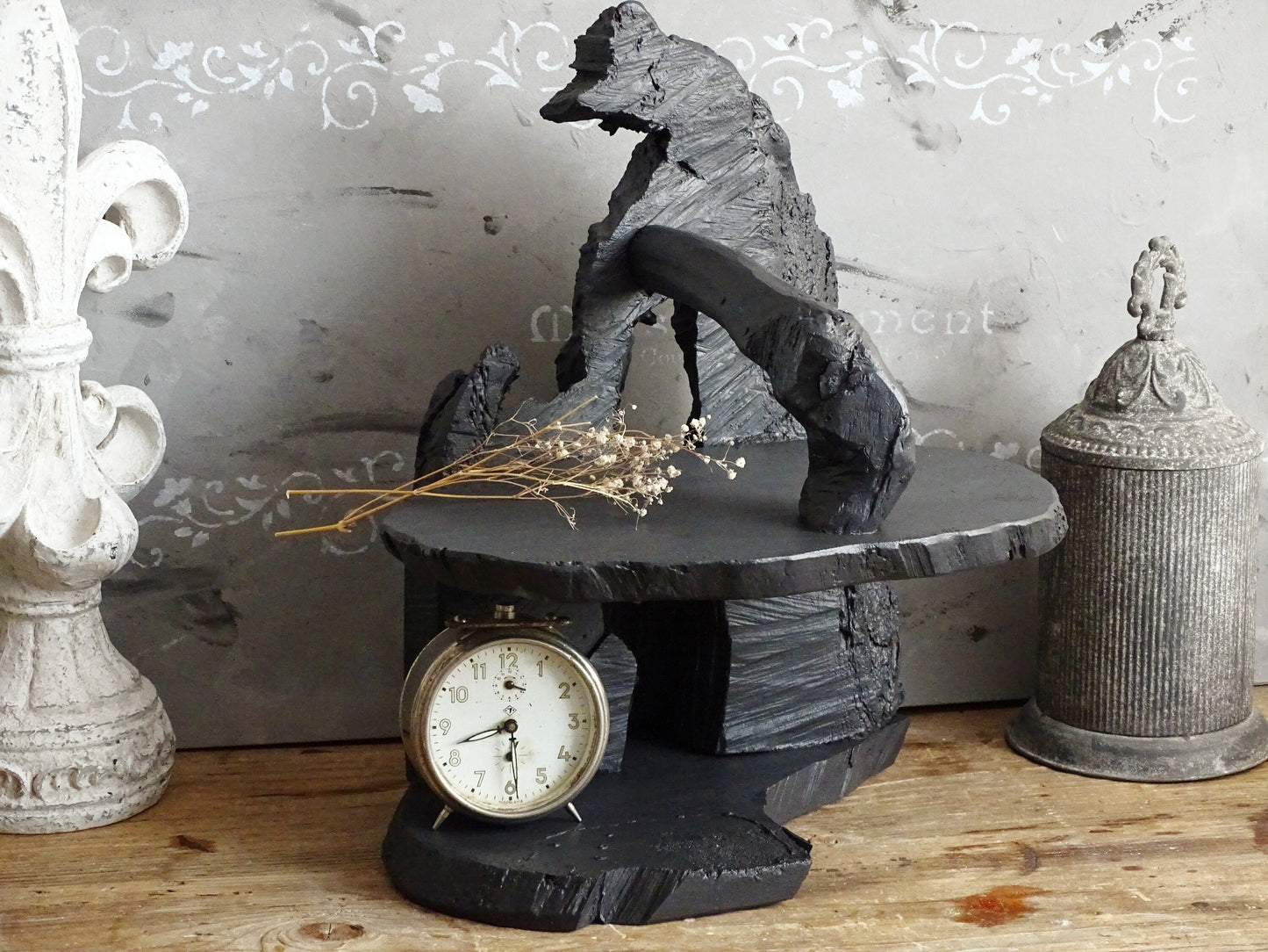Black Raw Wood Display Case, Stand, Wabi Sabi Tabletop Standing Curio Shelf, Natural Wooden Sculpture Decor