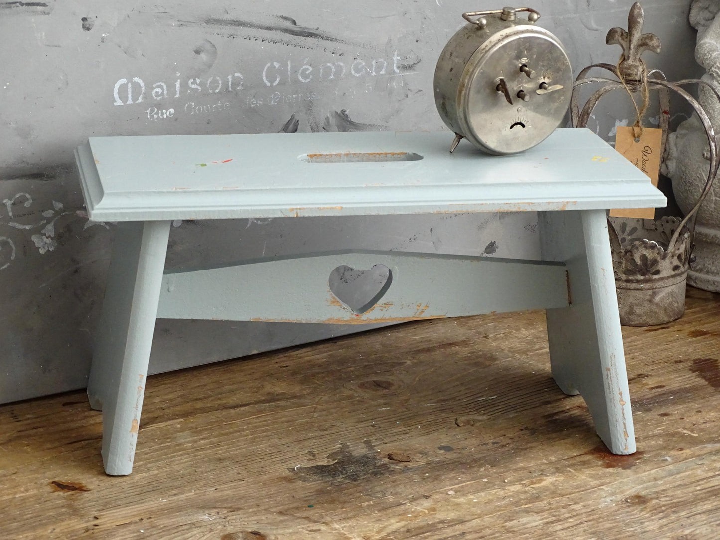 Blue Wood Step Stool Carved Heart, Rustic Farmhouse Plant Stand Bench
