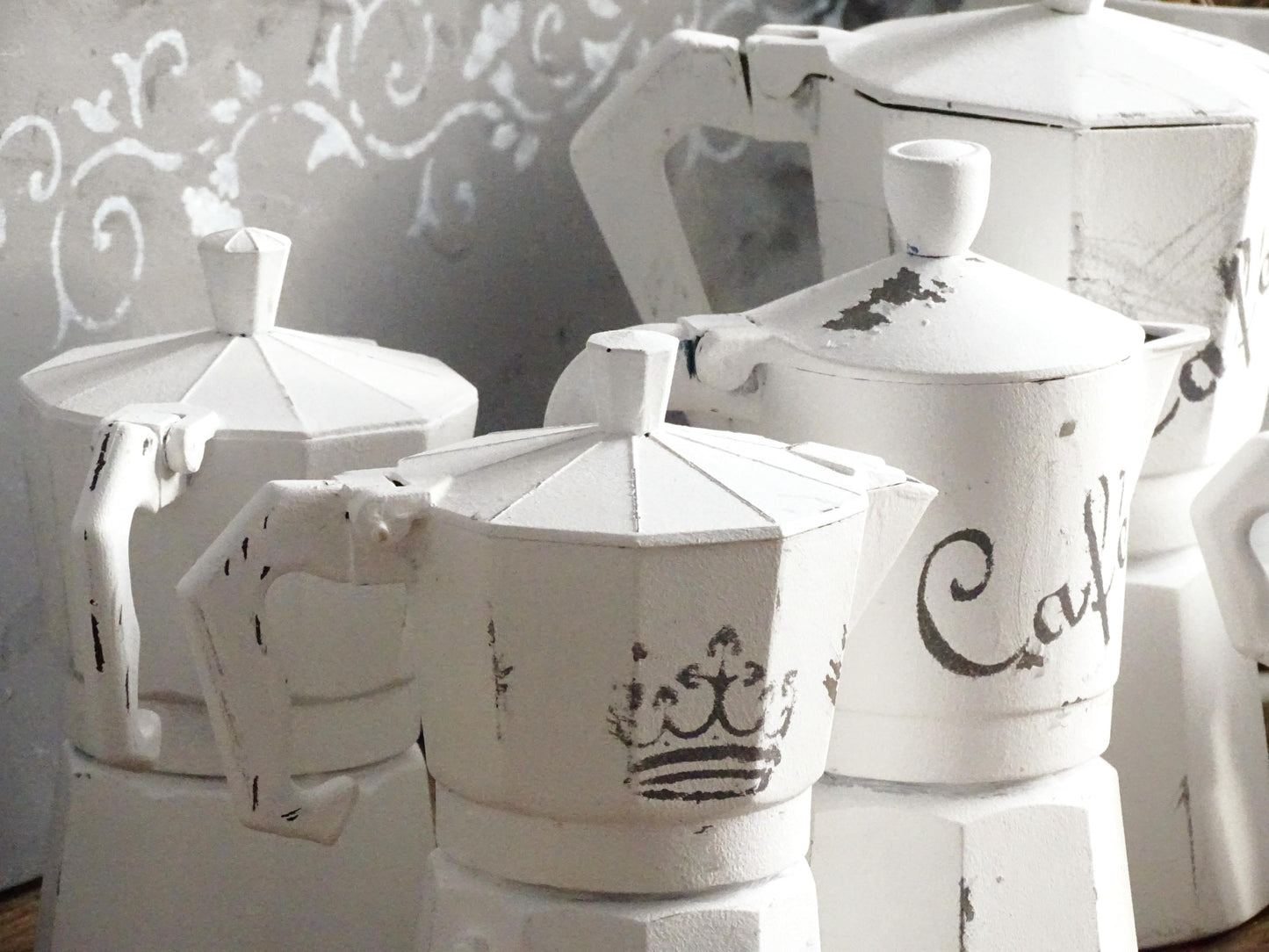 Distressed White Moka Pot, Italian Espresso Stove Coffee Maker, Retro Kitchen Decor