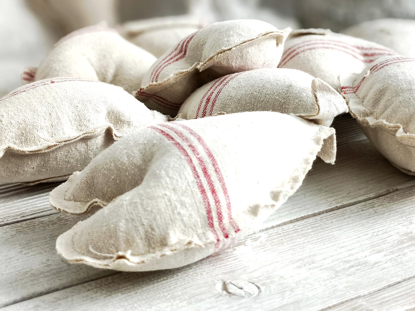 Large Antique Linen Heart Red Stripe, Primitive Farmhouse Cloth Bowl Filler, Wall Hanging Grain Sack Fabric Stuffed Valentine Heart Ornament