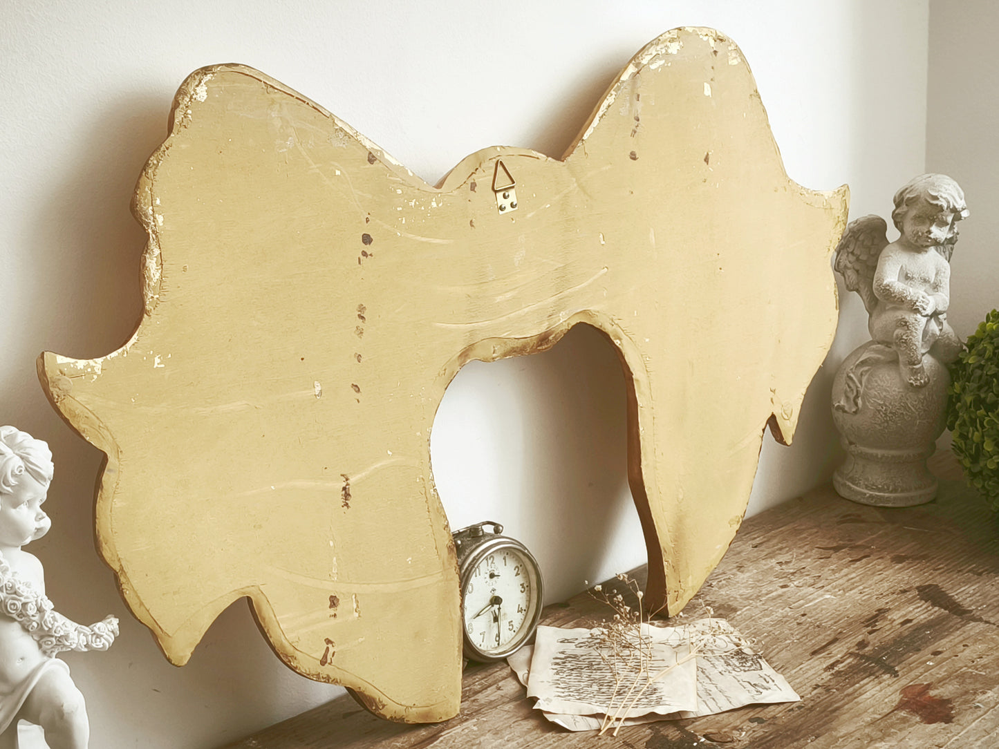 33.9" Hand Carved Gold Wood Bow Plaque, Extra Large Wall Pediment, Panel, Florentine Wall Decor
