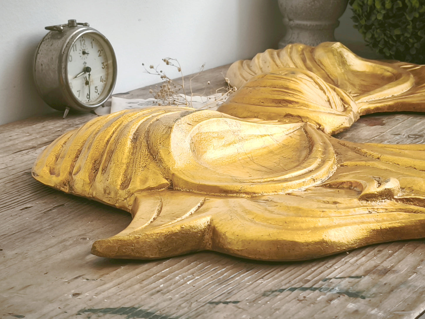 33.9" Hand Carved Gold Wood Bow Plaque, Extra Large Wall Pediment, Panel, Florentine Wall Decor