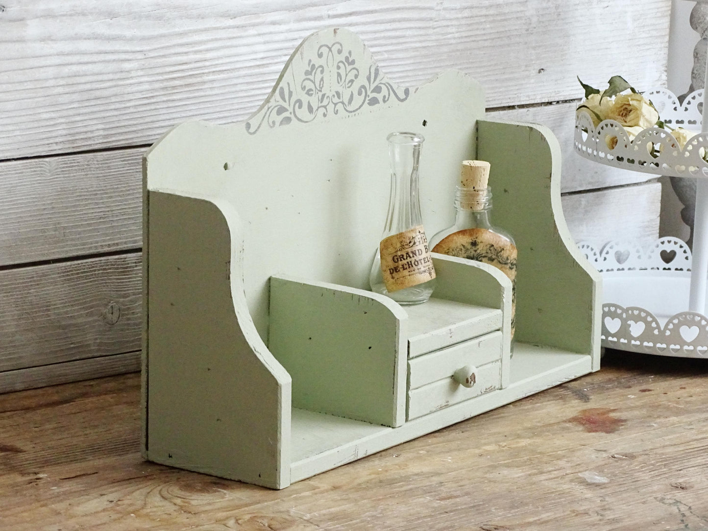 Green Wood Spice Rack Drawer, Spice Holder, Spice Shelf Wall Hanging, Tabletop Spice Organizer, Distressed Shabby Chic Kitchen Storage Rack