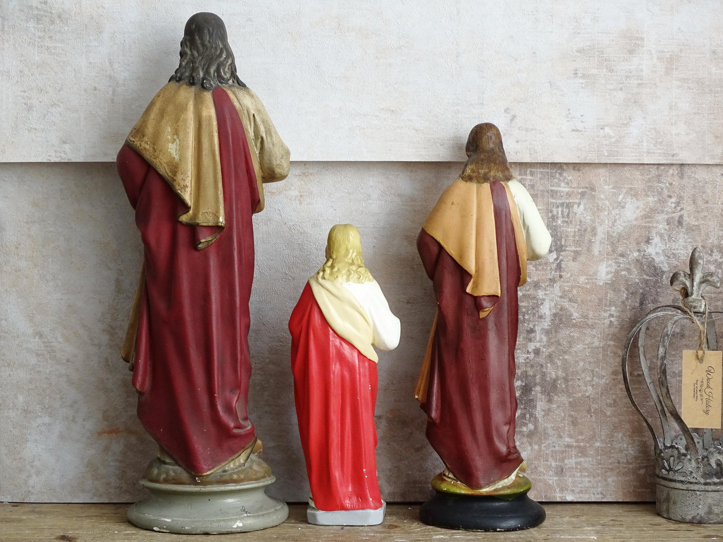 Antique Sacred Heart Jesus Statue: Plaster Hand-Painted Chalkware, Catholic Statuary