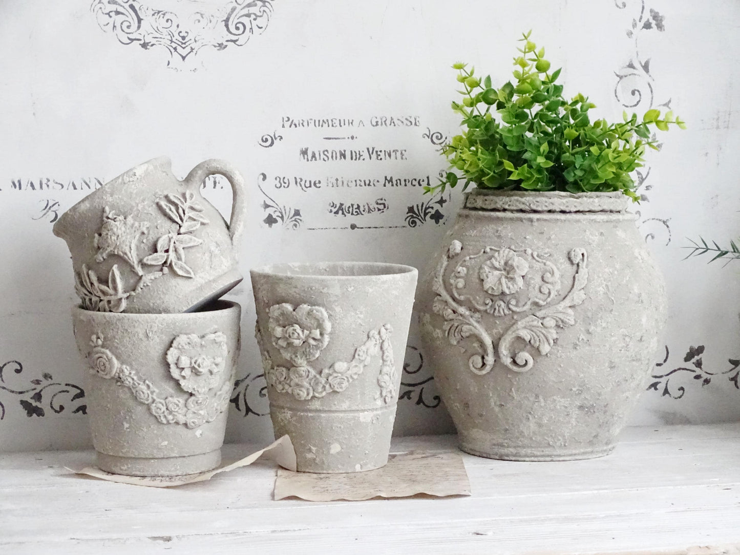 Distressed Gray Ceramic Plant Pot Stone Effect, Textured Planter, Flower Pot Clay Ornaments, Indoor Gardening, Rustic Pottery Vase
