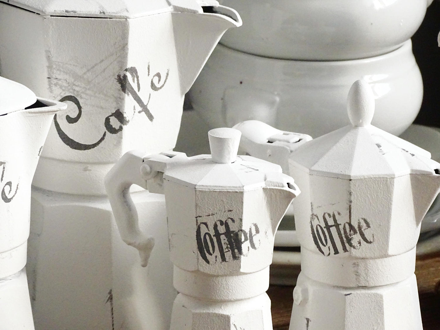 Distressed White Moka Pot, Italian Espresso Stove Coffee Maker, Retro Kitchen Decor