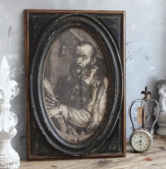 Renaissance Writer Print in Distressed Black Frame, Man Portrait Vintage Style, Dark Academia Gothic Wall Decor, Deep Oval Picture Frame