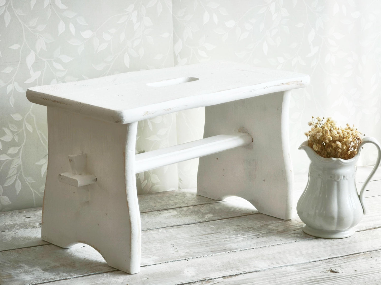 Primitive White Wood Step Stool: Rustic Modern Farmhouse Decor, Plant Stand