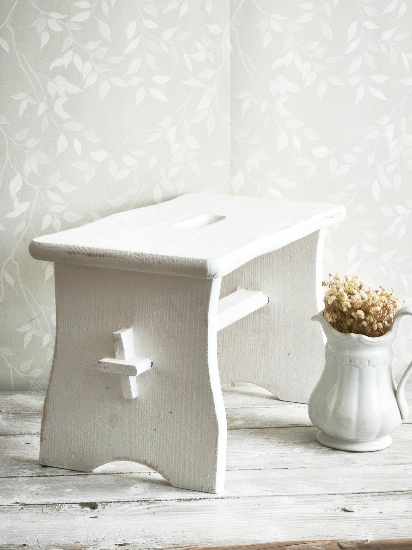Primitive White Wood Step Stool: Rustic Modern Farmhouse Decor, Plant Stand