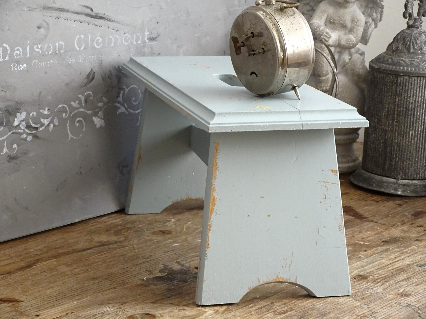Blue Wood Step Stool Carved Heart, Rustic Farmhouse Plant Stand Bench