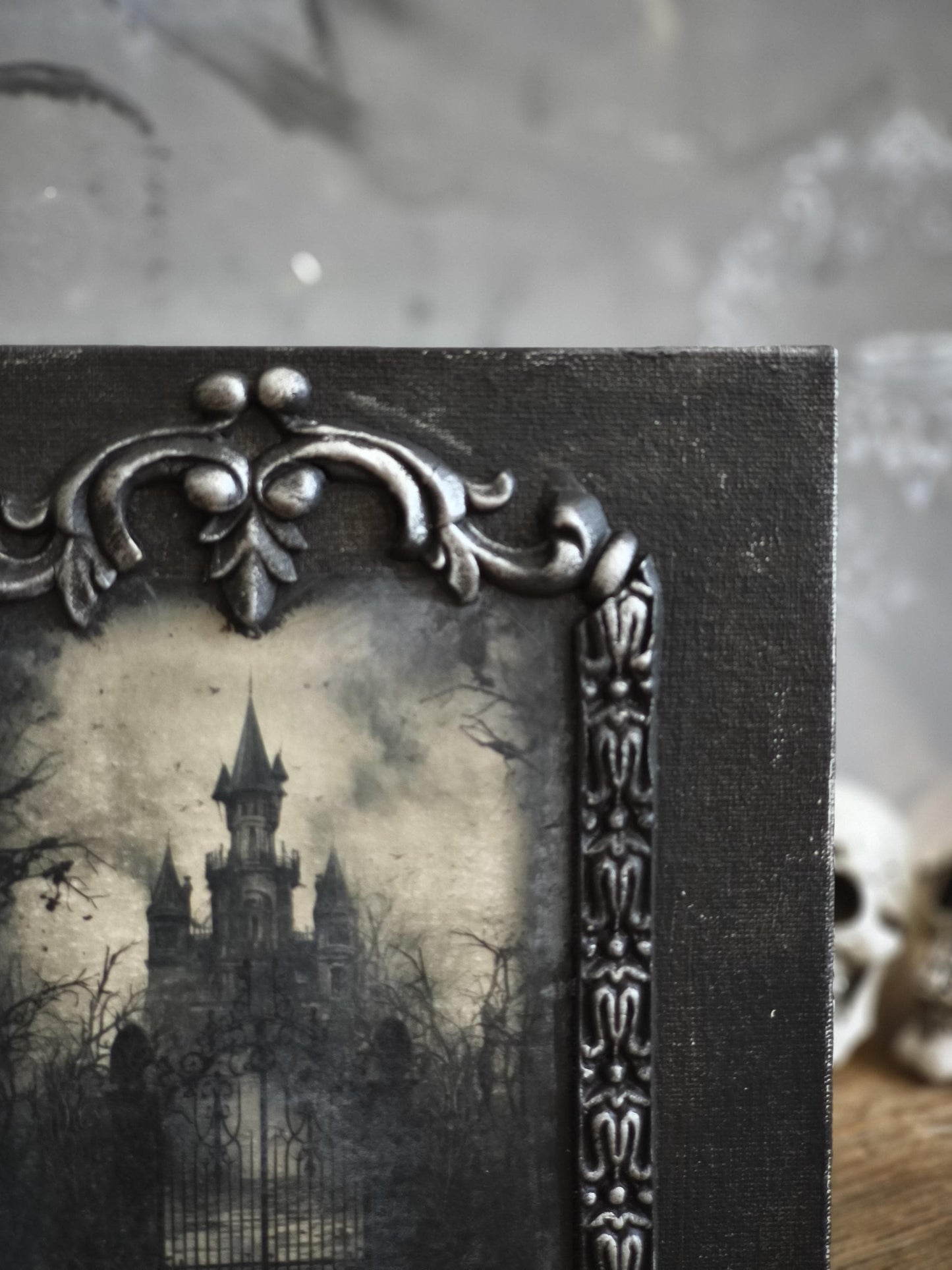 Moonlit Haunted Castle, Gothic Original Artwork on Wood, Hand Painted, Hand Lettered