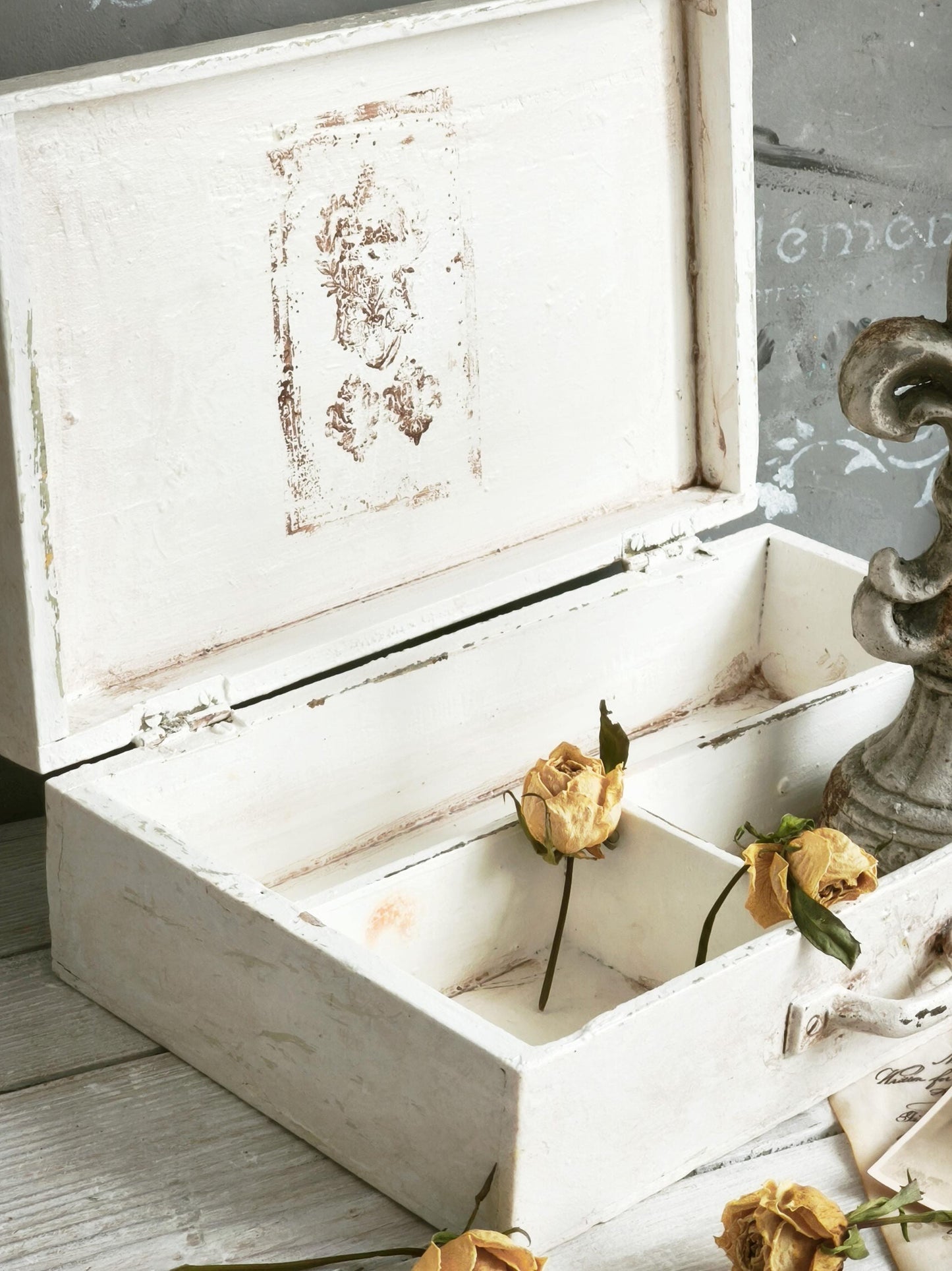 Wood Box Cameo Crown Bows Girland, Large Compartment Rectangle Desk Storage Organizer Box, Distressed Aged White Display Box, Shabby Chic