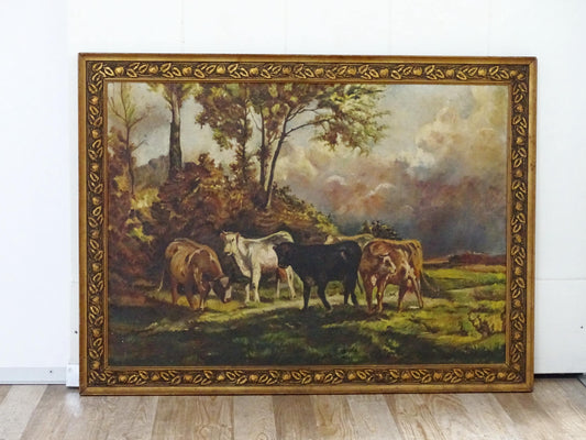 Cows Antique Oil Painting in Gold Gesso Ornate Frame, Large Landscape Countryside Original Art Oil Painting, Rustic Wall Art Decor