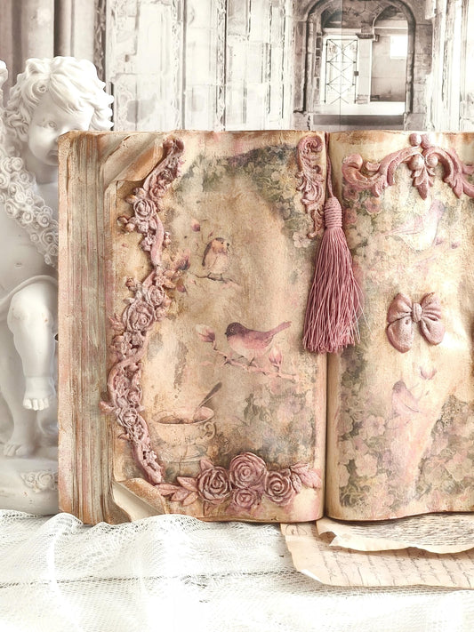 Vintage Pink Open Book Birds Design, Altered Book, Shabby Chic French Decor