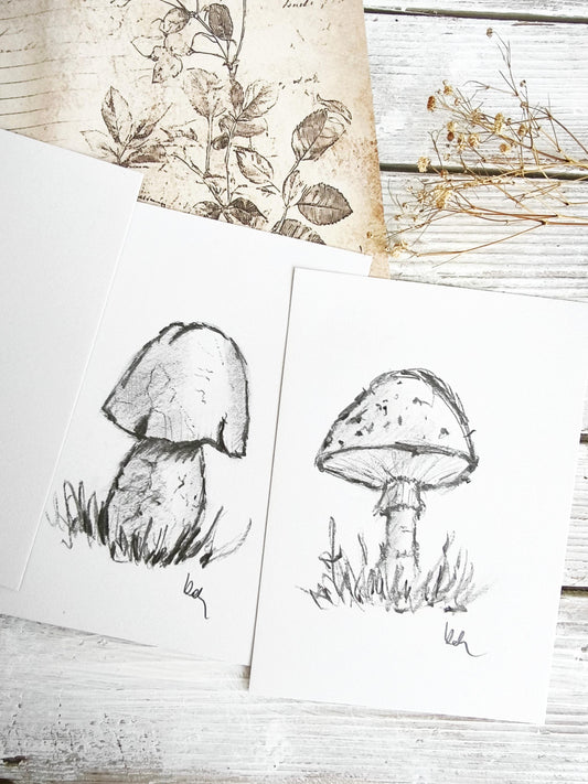 Original Charcoal Mushroom Drawing, Forest Woodland Nature Art, Porcini Sketch