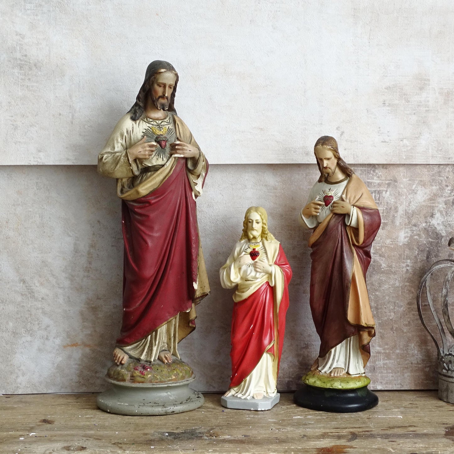 Antique Sacred Heart Jesus Statue: Plaster Hand-Painted Chalkware, Catholic Statuary
