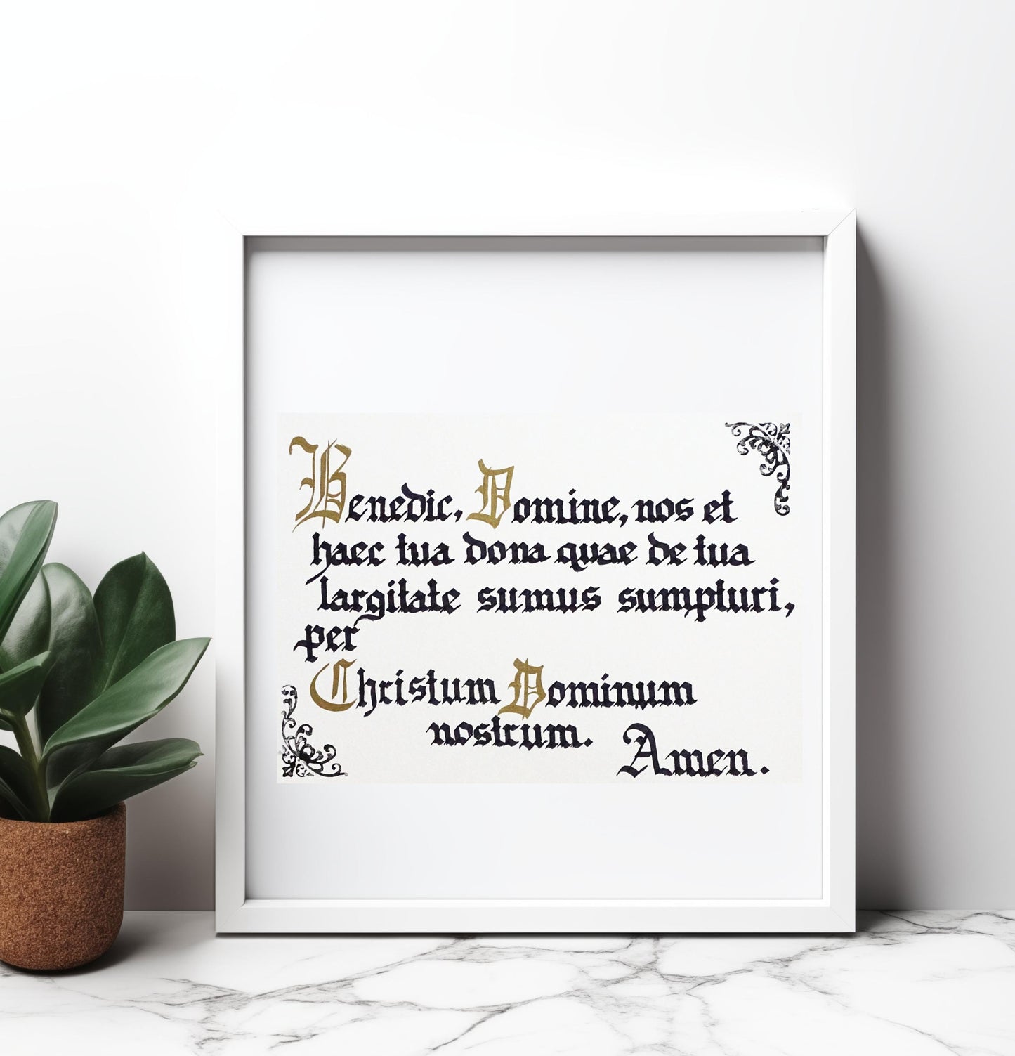 Latin Prayer Before Meal, Handwritten Catholic Blessing, Gothic Calligraphy Manuscript