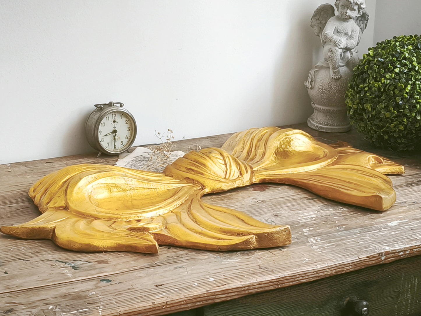 33.9" Hand Carved Gold Wood Bow Plaque, Extra Large Wall Pediment, Panel, Florentine Wall Decor