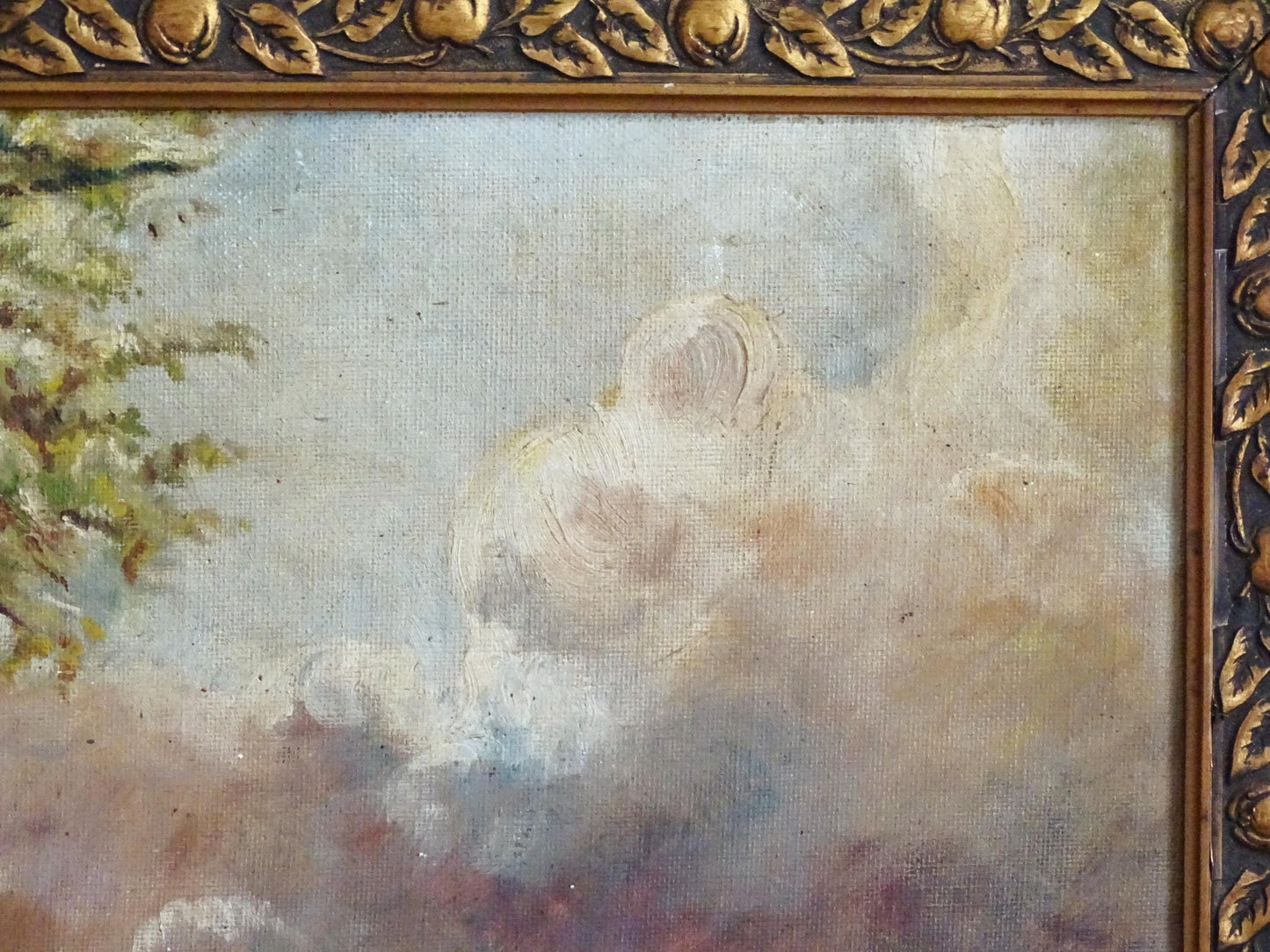 Cows Antique Oil Painting in Gold Gesso Ornate Frame, Large Landscape Countryside Original Art Oil Painting, Rustic Wall Art Decor