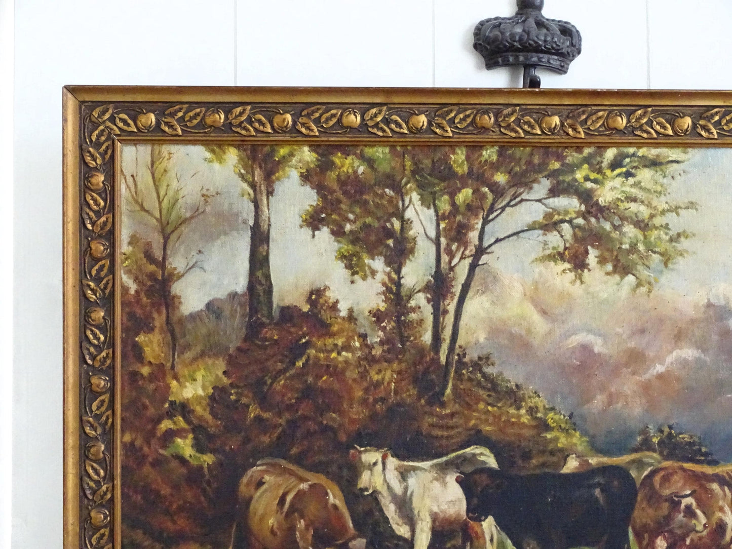 Cows Antique Oil Painting in Gold Gesso Ornate Frame, Large Landscape Countryside Original Art Oil Painting, Rustic Wall Art Decor