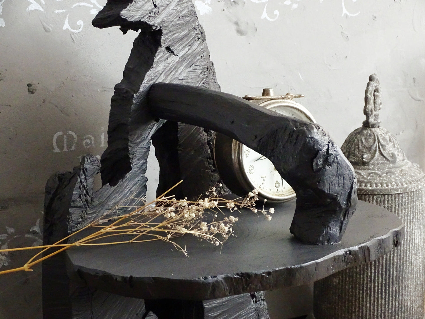 Black Raw Wood Display Case, Stand, Wabi Sabi Tabletop Standing Curio Shelf, Natural Wooden Sculpture Decor