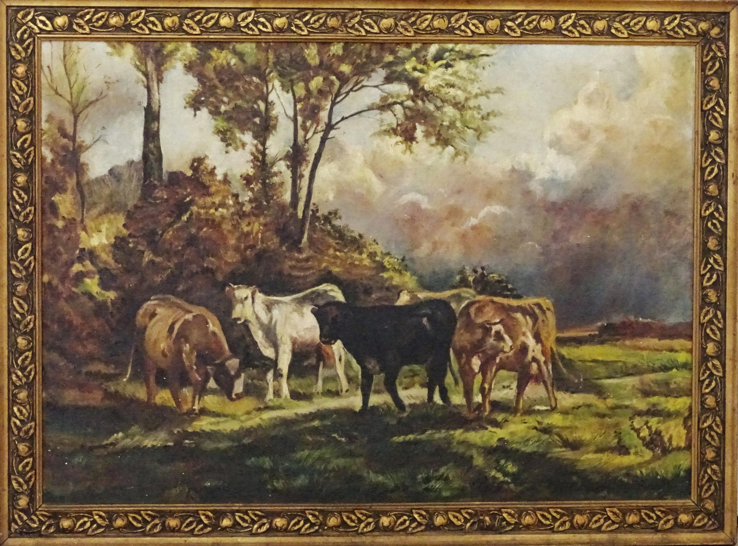 Cows Antique Oil Painting in Gold Gesso Ornate Frame, Large Landscape Countryside Original Art Oil Painting, Rustic Wall Art Decor