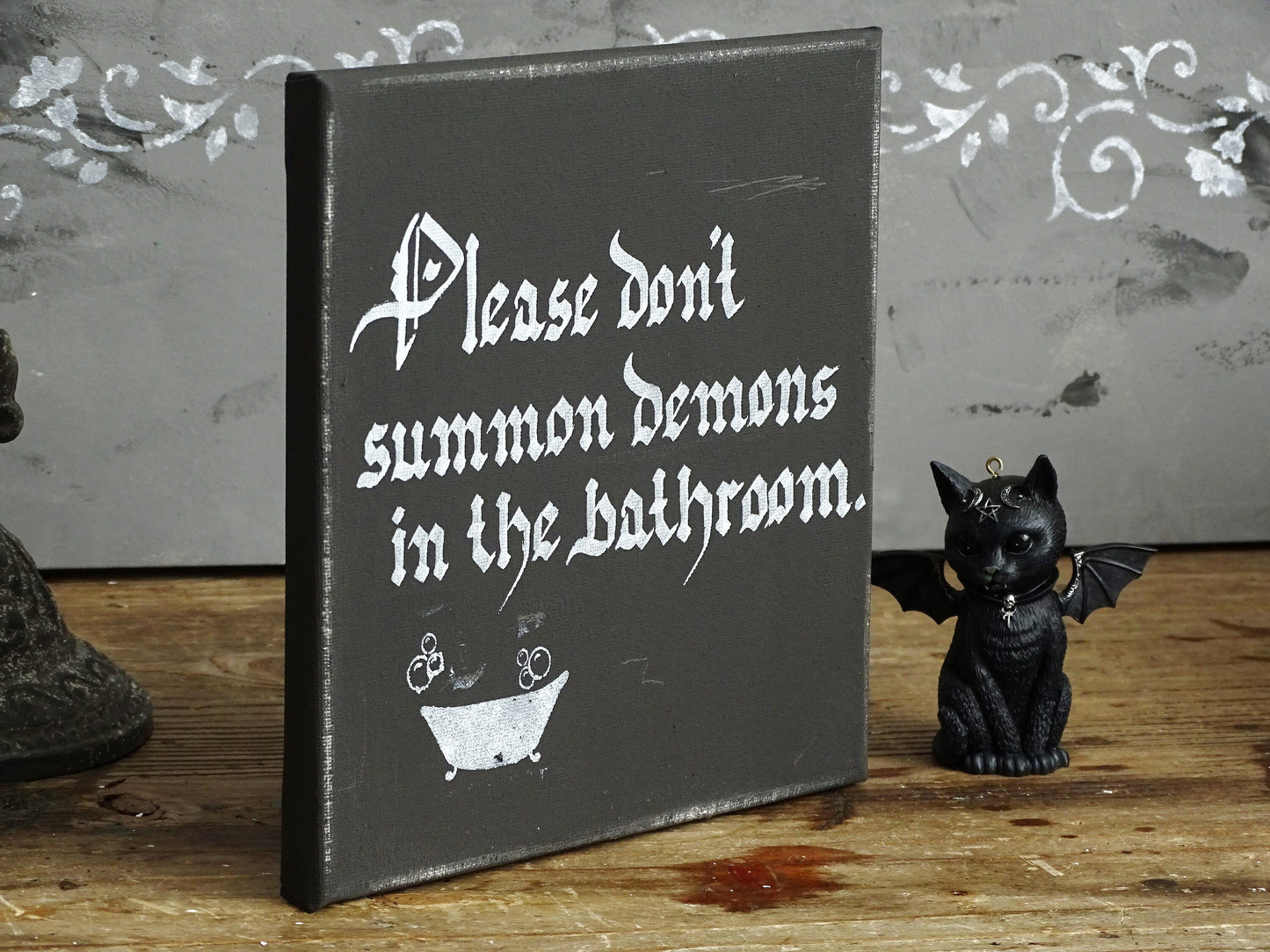 Gothic Bathroom Canvas Sign, Funny Demon Art, Hand-Lettered