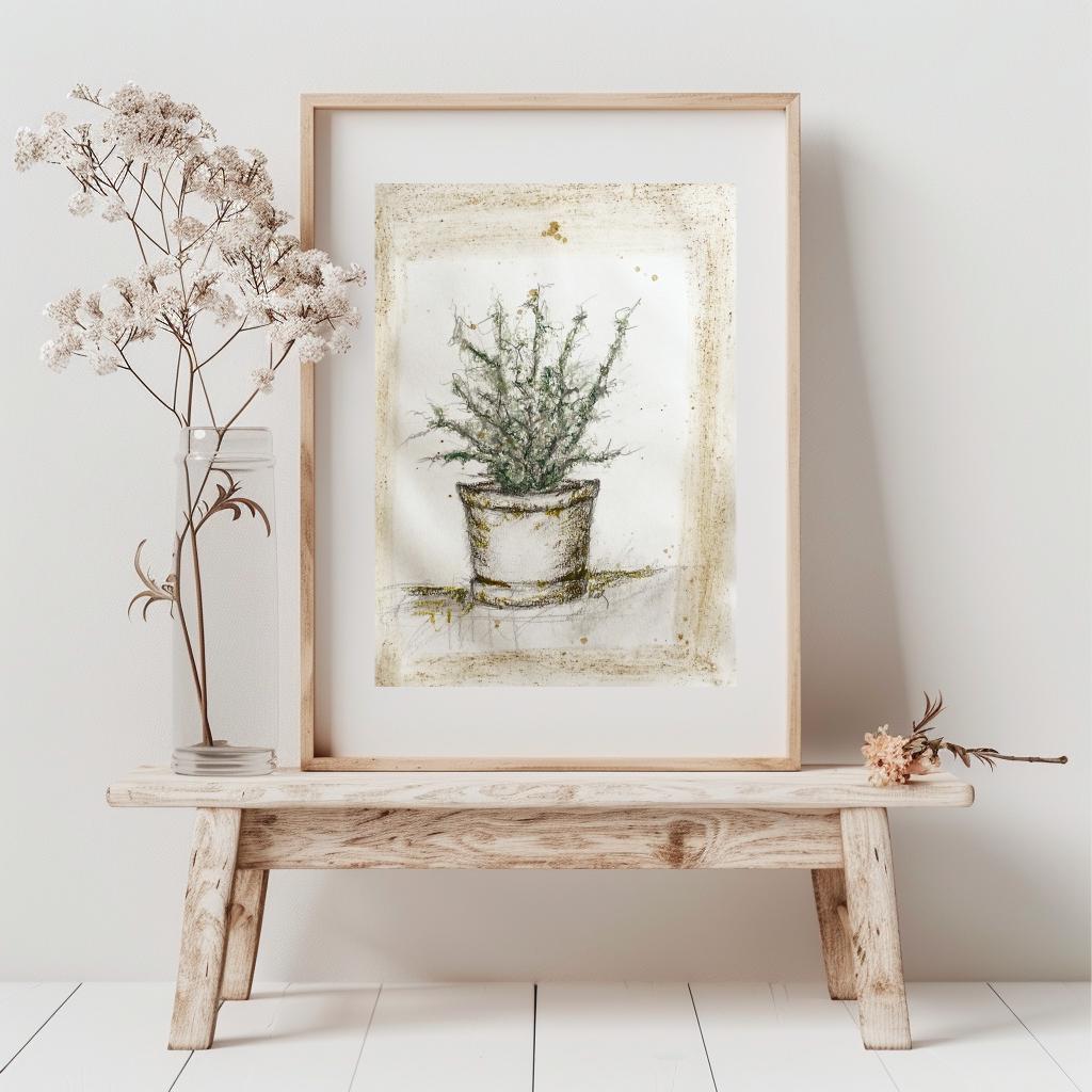 Original Sketch Plant Pot Drawing, Naive Still Life Greenery Artwork, Rustic Cabin Decor